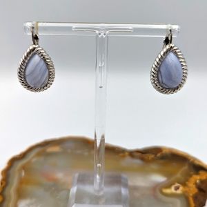 Vintage KJL Kenneth Jay Lane Teardrop Blue Lace Agate Silvertone Rope Earrings